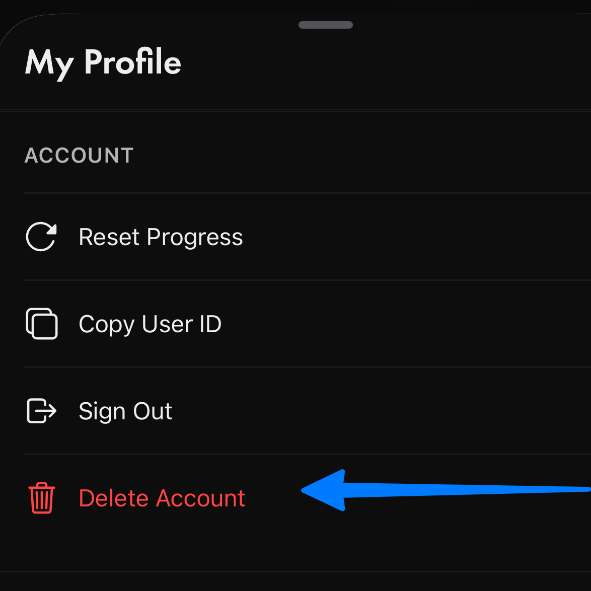 Profilbildschirm mit der Schaltfläche Delete Account